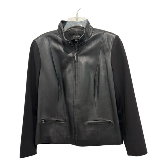Talbots‎ Jacket Womens 16 Petite Leather Front Viscose Back Sleeves Zip Pockets - Picture 1 of 10